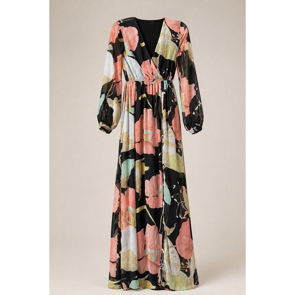 Lulus XS Black Floral Wrap Maxi Dress Boho Wedding Guest Slit - Picture 7 of 9